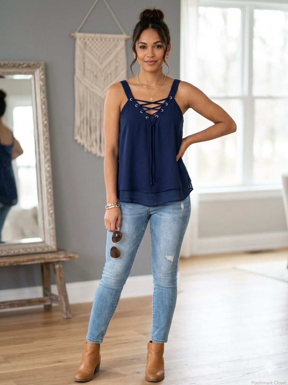 Ransom Navy Blue Chiffon V-Neck Lace-Up Sheer Tank Top size S